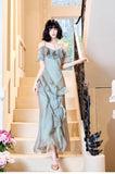 Ndyad Elegant Spaghetti Straps Ruffled Tulle Sheath Evening Dress HZ1024