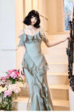 Ndyad Elegant Spaghetti Straps Ruffled Tulle Sheath Evening Dress HZ1024