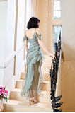 Ndyad Elegant Spaghetti Straps Ruffled Tulle Sheath Evening Dress HZ1024