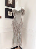 Ndyad Elegant Spaghetti Straps Ruffled Tulle Sheath Evening Dress HZ1024
