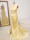 Ndyad Butter Yellow V-Neck Satin Mermaid Prom Dresses Formal Evening Dresses HZ1024