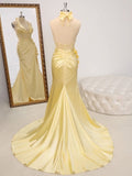 Ndyad Butter Yellow V-Neck Satin Mermaid Prom Dresses Formal Evening Dresses HZ1024