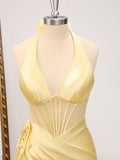 Ndyad Butter Yellow V-Neck Satin Mermaid Prom Dresses Formal Evening Dresses HZ1024