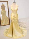 Ndyad Butter Yellow V-Neck Satin Mermaid Prom Dresses Formal Evening Dresses HZ1024