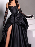 Ndyad Sweetheart Neck A-Line Satin Prom Dresses Formal Evening Dress with Slit HZ1024