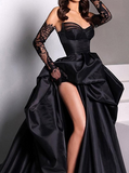 Ndyad Sweetheart Neck A-Line Satin Prom Dresses Formal Evening Dress with Slit HZ1024