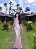 Ndyad Beaded Chiffon Sheath Prom Dresses Backless Evening Dresses HZ1024