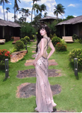 Ndyad Beaded Chiffon Sheath Prom Dresses Backless Evening Dresses HZ1024