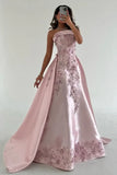 Ndyad Pink A-Line Strapless Satin Prom Dress with Appliques Train Evening Gowns HZ1024