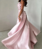 Ndyad Pink A-Line Strapless Satin Prom Dress with Appliques Train Evening Gowns HZ1024