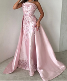 Ndyad Pink A-Line Strapless Satin Prom Dress with Appliques Train Evening Gowns HZ1024
