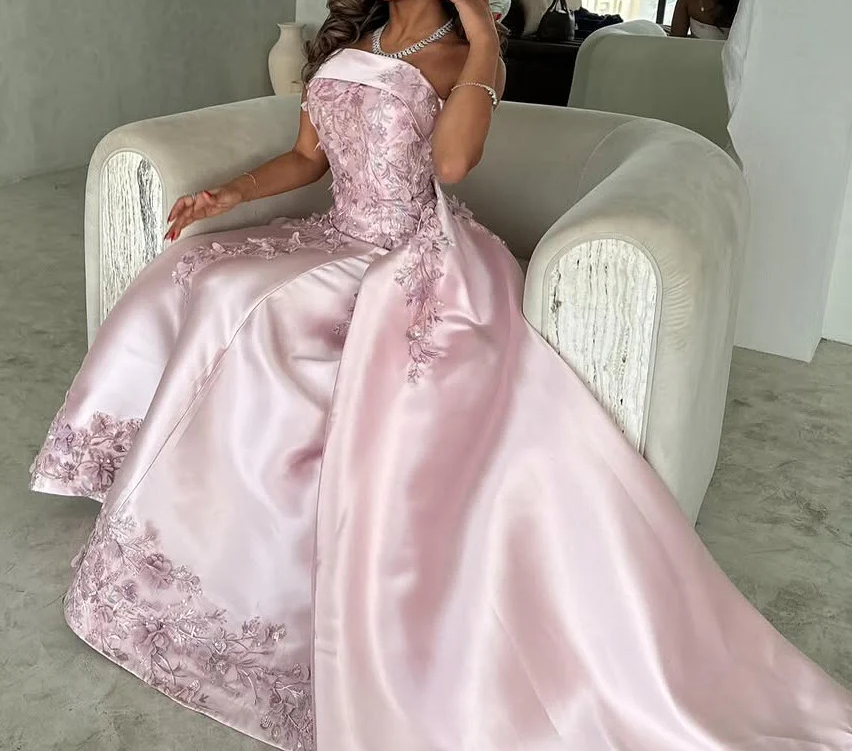 Ndyad Pink A-Line Strapless Satin Prom Dress with Appliques Train Evening Gowns HZ1024
