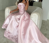 Ndyad Pink A-Line Strapless Satin Prom Dress with Appliques Train Evening Gowns HZ1024
