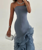 Ndyad Blue Mermaid Strapless Long Tulle Prom Dress with Ruffle Evening Gowns HZ1024