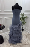 Ndyad Blue Mermaid Strapless Long Tulle Prom Dress with Ruffle Evening Gowns HZ1024