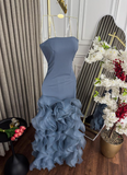 Ndyad Blue Mermaid Strapless Long Tulle Prom Dress with Ruffle Evening Gowns HZ1024