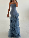 Ndyad Blue Mermaid Strapless Long Tulle Prom Dress with Ruffle Evening Gowns HZ1024