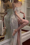 Evafashion A-Line Off the Shoulder Evening Gowns Silver Sequins Long Prom Dress with Split Front HZ1024