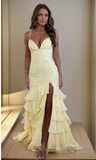 Ndyad Lilac Mermaid Spaghetti Straps Silt Prom Dress Backless Lace Applique Evening Dress with Ruffles HZ1024