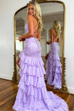 Ndyad Lilac Mermaid Spaghetti Straps Silt Prom Dress Backless Lace Applique Evening Dress with Ruffles HZ1024