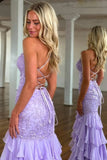 Ndyad Lilac Mermaid Spaghetti Straps Silt Prom Dress Backless Lace Applique Evening Dress with Ruffles HZ1024