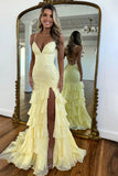 Ndyad Lilac Mermaid Spaghetti Straps Silt Prom Dress Backless Lace Applique Evening Dress with Ruffles HZ1024