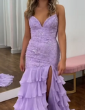 Ndyad Lilac Mermaid Spaghetti Straps Silt Prom Dress Backless Lace Applique Evening Dress with Ruffles HZ1024
