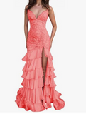Ndyad Lilac Mermaid Spaghetti Straps Silt Prom Dress Backless Lace Applique Evening Dress with Ruffles HZ1024