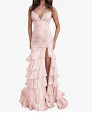 Ndyad Lilac Mermaid Spaghetti Straps Silt Prom Dress Backless Lace Applique Evening Dress with Ruffles HZ1024