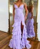Ndyad Lilac Mermaid Spaghetti Straps Silt Prom Dress Backless Lace Applique Evening Dress with Ruffles HZ1024