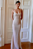 Ndyad Champagne Sheath Spaghetti Straps Mermaid Sequins Long Prom Dress for Party&Special Events HZ1024