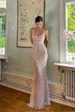 Ndyad Champagne Sheath Spaghetti Straps Mermaid Sequins Long Prom Dress for Party&Special Events HZ1024