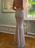 Ndyad Champagne Sheath Spaghetti Straps Mermaid Sequins Long Prom Dress for Party&Special Events HZ1024