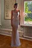 Ndyad Champagne Sheath Spaghetti Straps Mermaid Sequins Long Prom Dress for Party&Special Events HZ1024