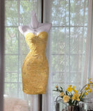 Ndyad Butter Yellow Sweetheart Bodycon Evening Gonws Satin Beaded Short Prom Dresses for Party HZ1024