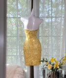 Ndyad Butter Yellow Sweetheart Bodycon Evening Gonws Satin Beaded Short Prom Dresses for Party HZ1024