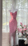 Ndyad Pink Chiffon Beaded Spaghetti Straps Short Prom Dresses Vintage Evening Gowns HZ1024