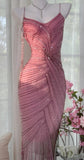 Ndyad Pink Chiffon Beaded Spaghetti Straps Short Prom Dresses Vintage Evening Gowns HZ1024