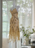 Ndyad Vintage Gold V-Neck Spaghetti Straps Lace Beading Short Prom Dresses HZ1024