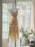 Ndyad Vintage Gold V-Neck Spaghetti Straps Lace Beading Short Prom Dresses HZ1024