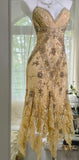Ndyad Vintage Gold V-Neck Spaghetti Straps Lace Beading Short Prom Dresses HZ1024