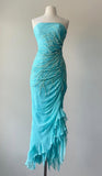 Ndyad Blue Chiffon Beaded Sheath Strapless Prom Dresses Formal Evening Dress with Ruffles HZ1024