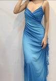 Ndyad Blue Glitter Chiffon Party Dress Spaghetti Straps Ruffles Long Prom Dresses HZ1024