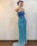 Ndyad Gradient Blue Strapless Beaded Chiffon Sheath Prom Dresses Vintage Formal Evening Dress HZ1024