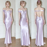 Ndyad Light Pink Off-shoulder Satin Mermaid Long Prom Dresses Elegant Backless Evening Dresses HZ1024
