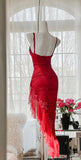 Ndyad Red Lace Spaghetti Straps Prom Dresses Vintage Party Dresses with Ruffles HZ1024