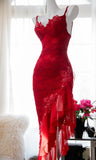 Ndyad Red Lace Spaghetti Straps Prom Dresses Vintage Party Dresses with Ruffles HZ1024