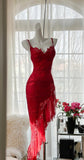 Ndyad Red Lace Spaghetti Straps Prom Dresses Vintage Party Dresses with Ruffles HZ1024