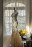 Ndyad Light Champagne Sweetheart Neck Tulle Sequin Mermaid Long Prom Dresses Elegant Party Dress HZ1024