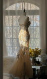 Ndyad Light Champagne Sweetheart Neck Tulle Sequin Mermaid Long Prom Dresses Elegant Party Dress HZ1024